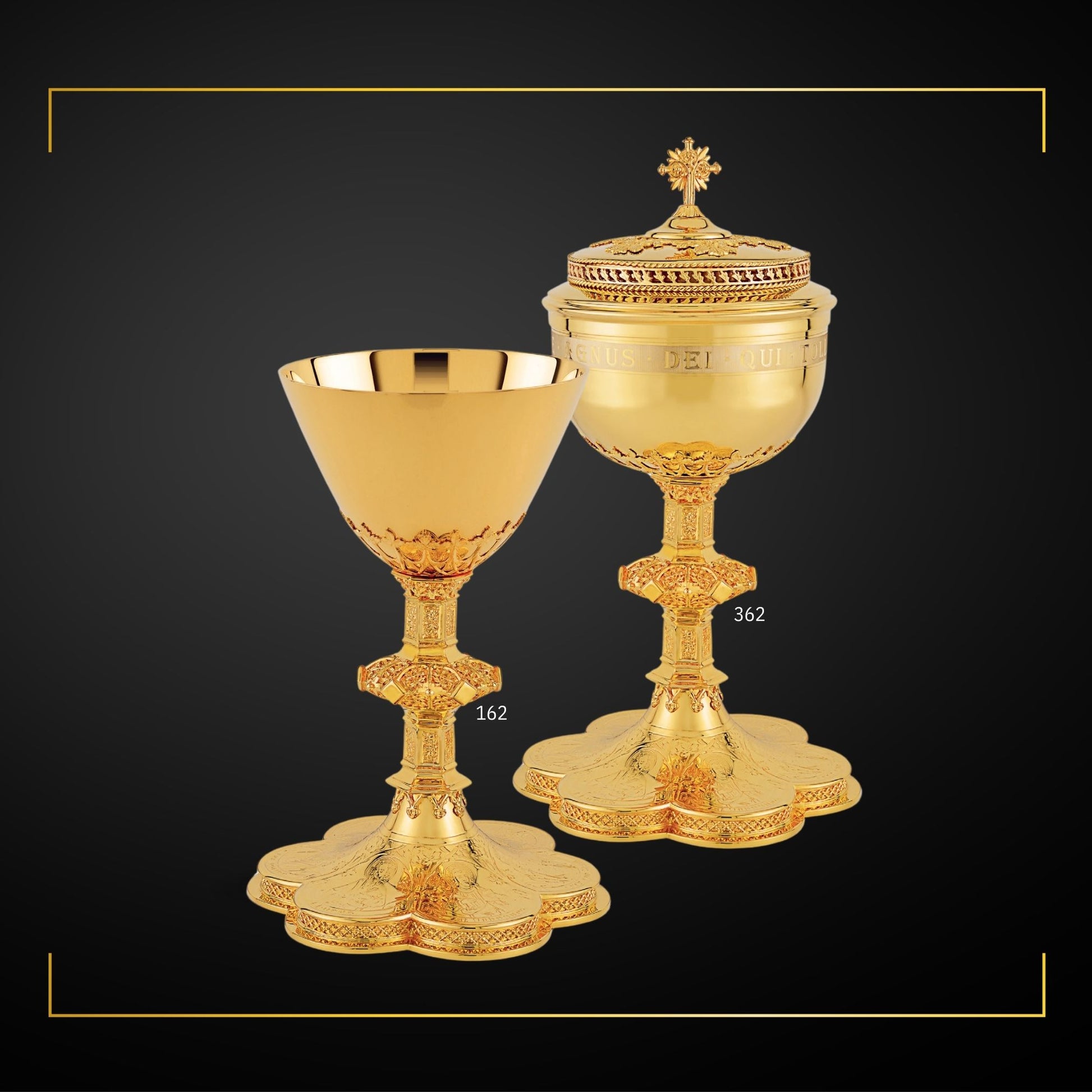 Chalice & Ciborium set neo-gothic style with engraved images of the 
Mother of God , Jesus  and  the Evangelists.  Sold by The Clergy Store