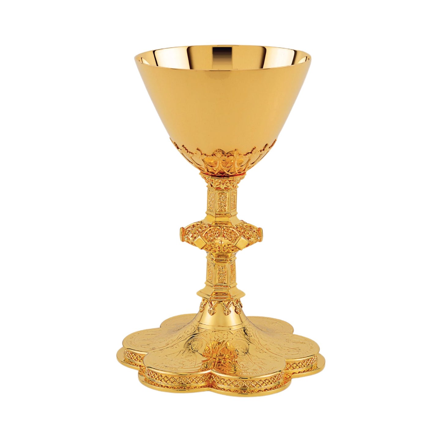 Chalice & Scale Paten in neo-gothic style with engraved images of the 
Mother of God , Jesus  and  the Evangelists, 8 5/8” Ht. Sold by The Clergy Store