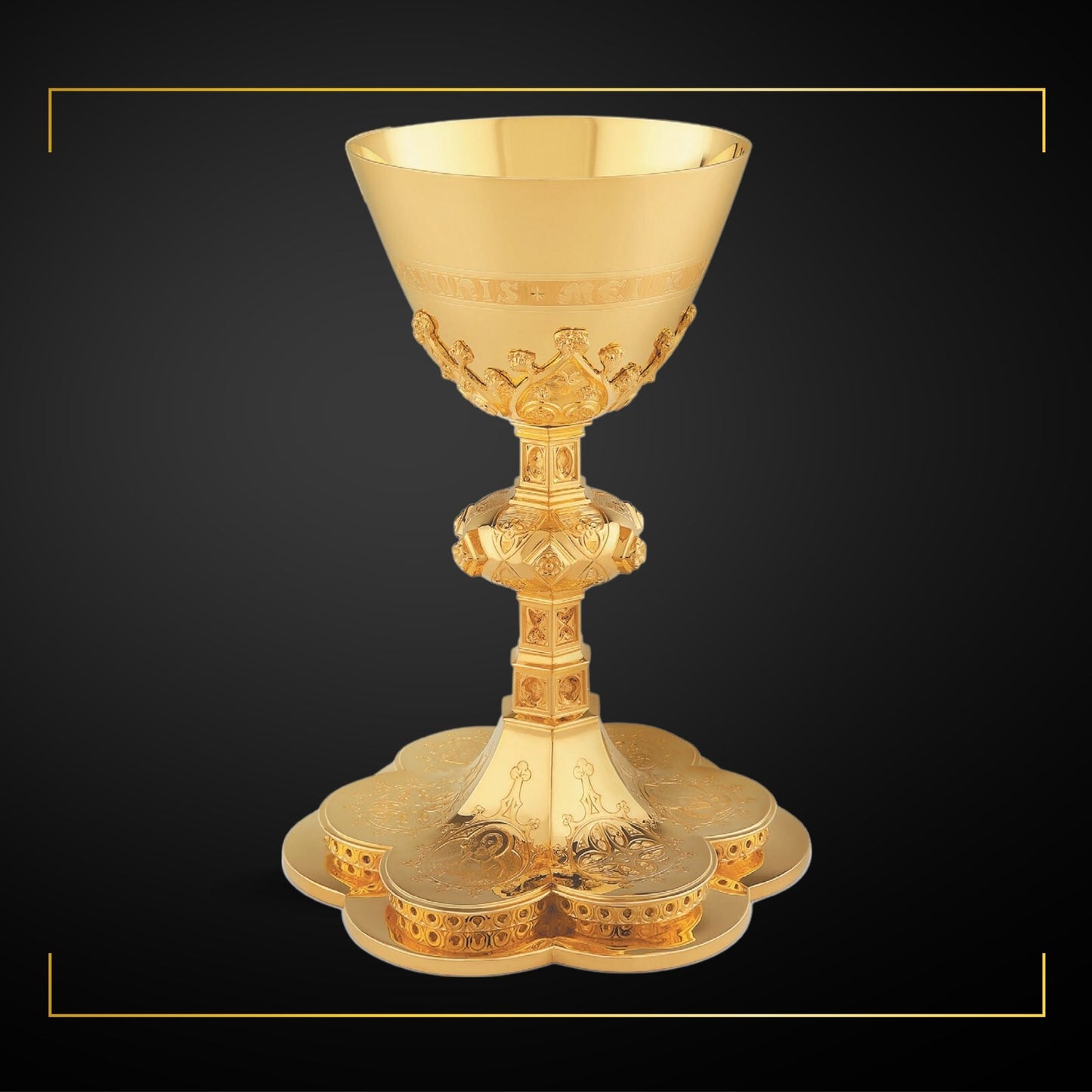 Chalice & Scale Paten in neo-gothic style with engraved images of the Holy Family and cup inscription: “HIC EST ENIM CALIX SANGUINIS 
MEI” , 8 3/4” Ht.  Sold by The Clergy Store