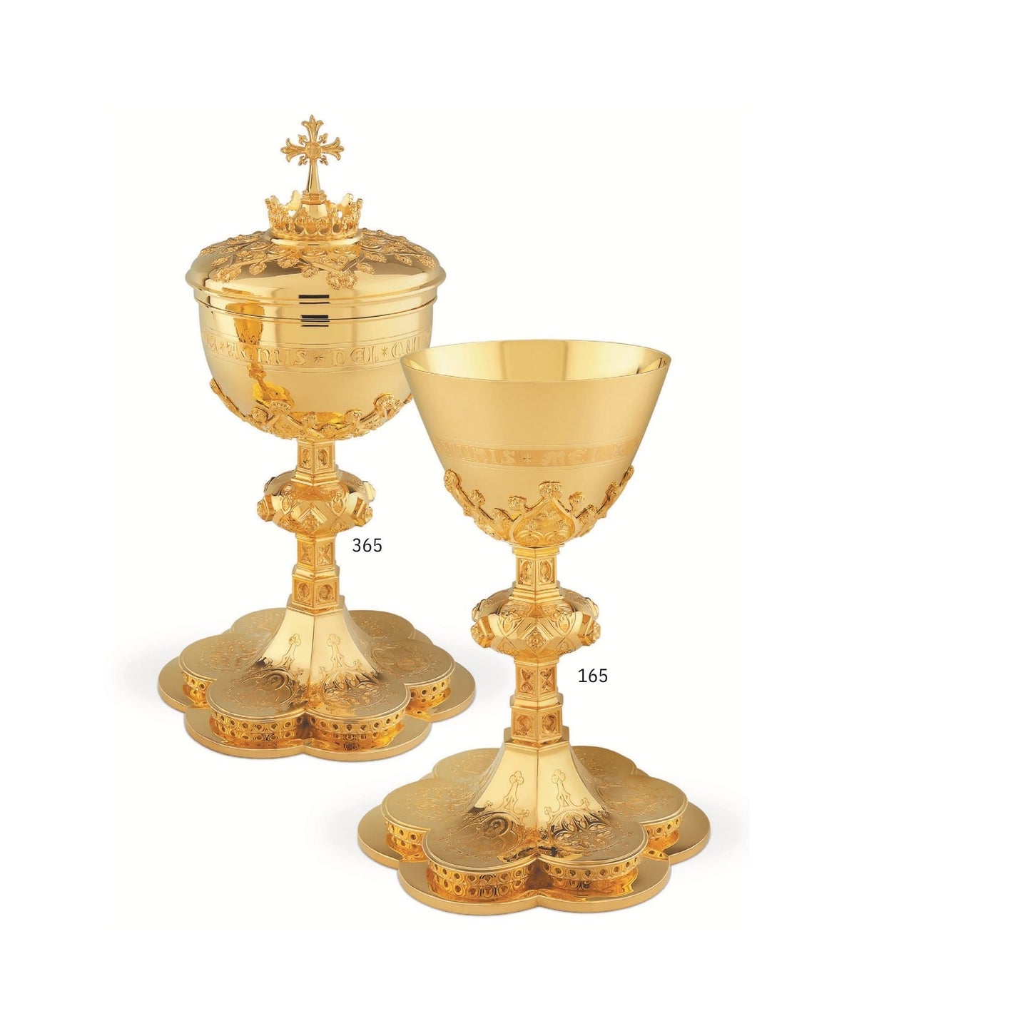 Chalice & Ciborium set neo-gothic style with engraved images of the Holy Family and cup inscription:   Sold by The Clergy Store