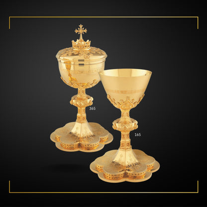 Chalice & Ciborium set neo-gothic style with engraved images of the Holy Family and cup inscription:  Sold by The Clergy Store