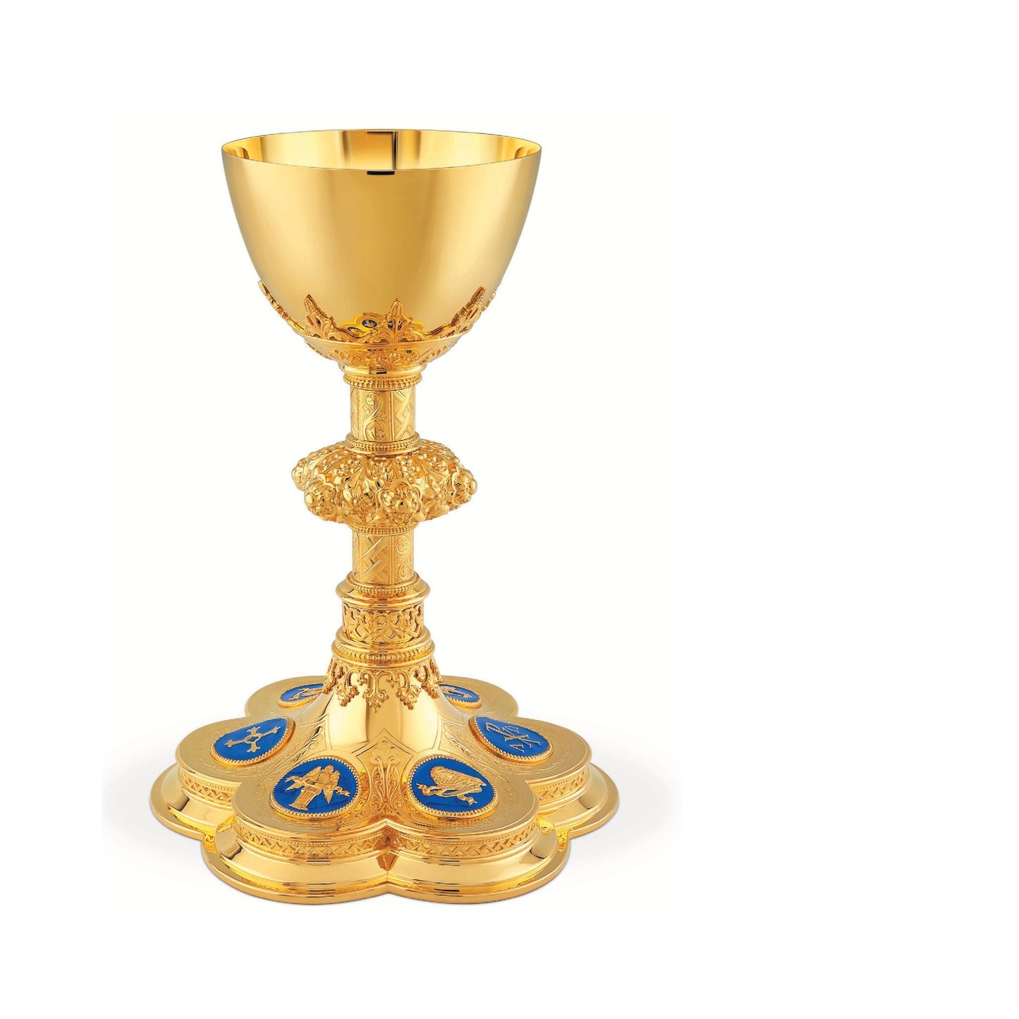 Chalice & Scale Paten in neo-gothic style with enameled medallions 
depicting symbols of the Four Evangelists, cross and Chi Rho symbol, 10 1/4” Ht. sold by The Clergy Store