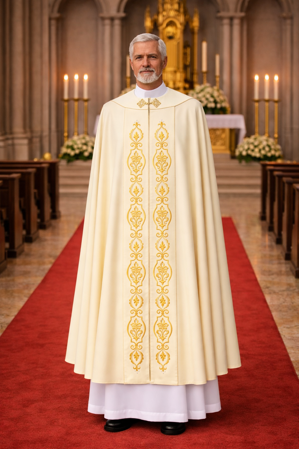 Priest in ornate white and gold cope standing in a church with red carpet and altar.