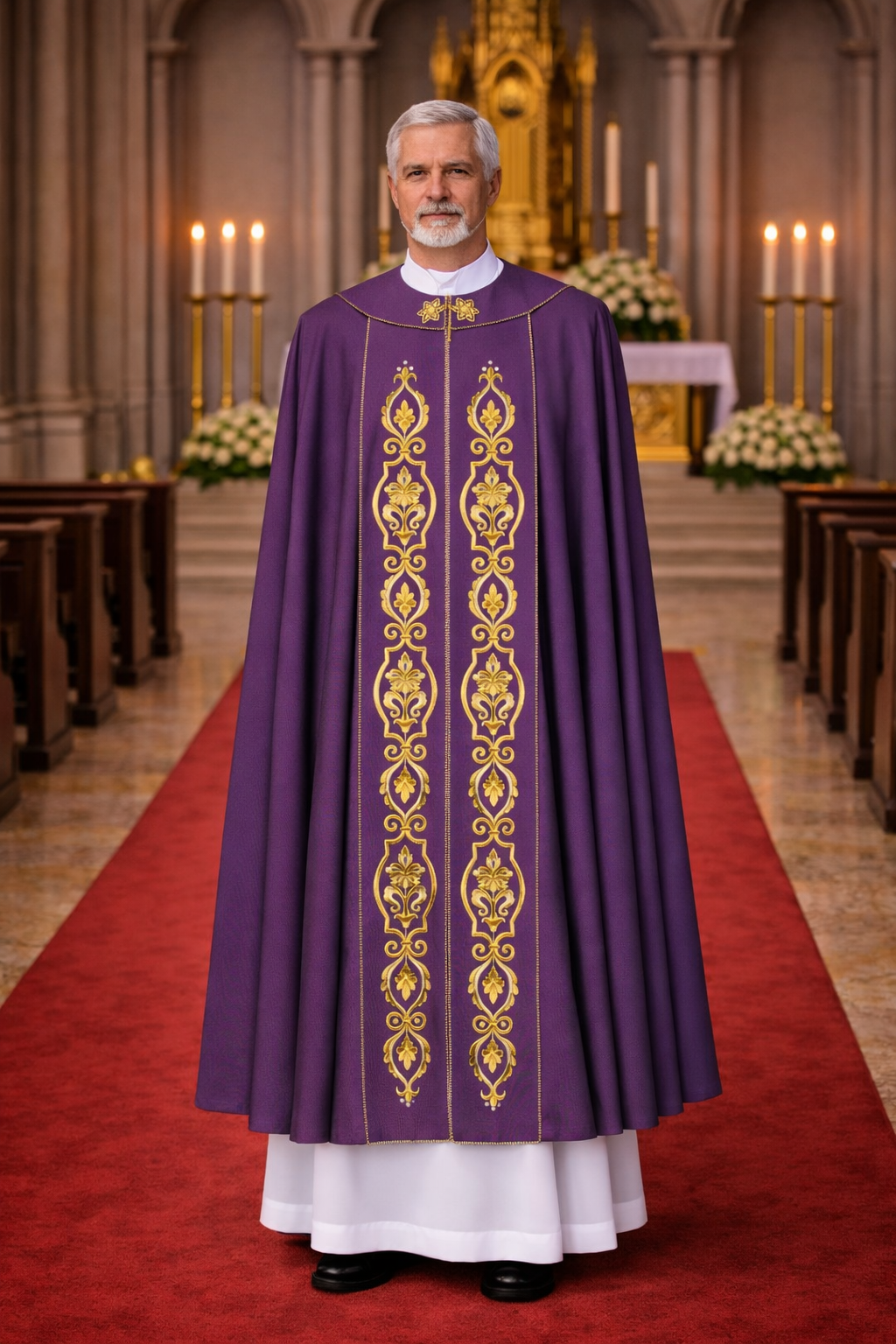 Priest in a purple liturgical vestment with gold embroidery standing on a red carpet in a church.
