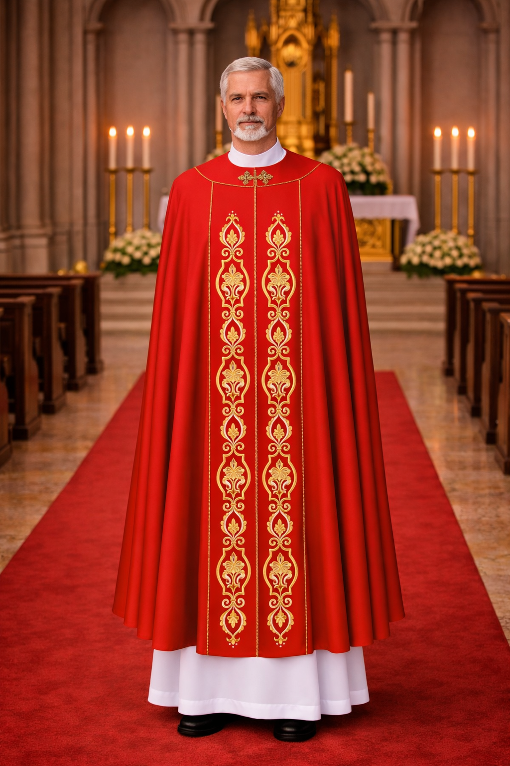 Priest in red liturgical cope vestment with gold embroidery in a church setting