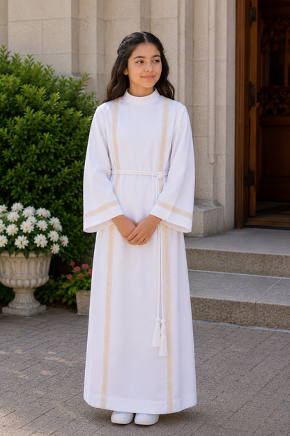 Altar boys and girls server alb with brocade trim. Zipper closure at the back. Made in Italy and sold by The Clergy Store