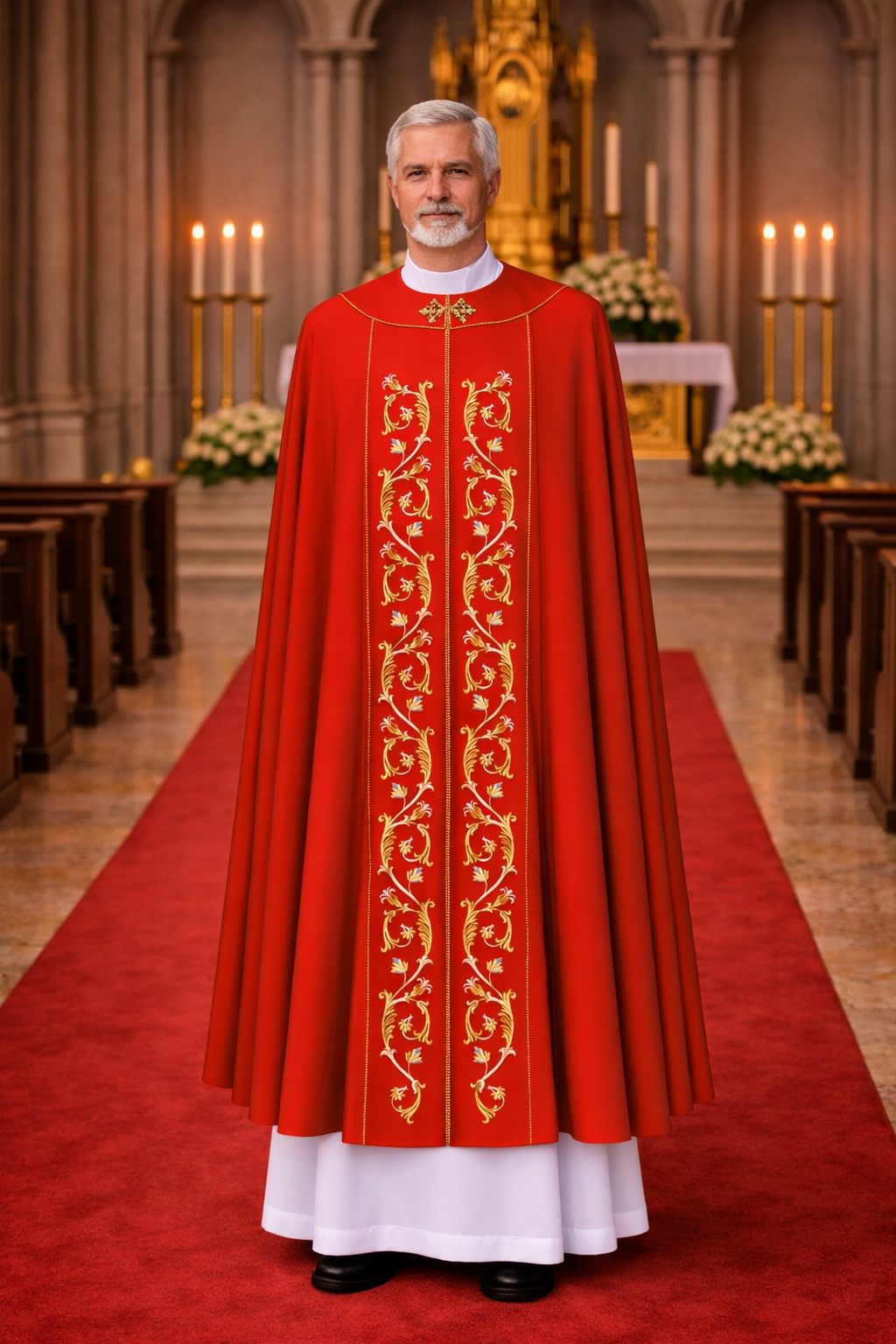 Priest in red liturgical cope standing in a church with altar and candles in the background