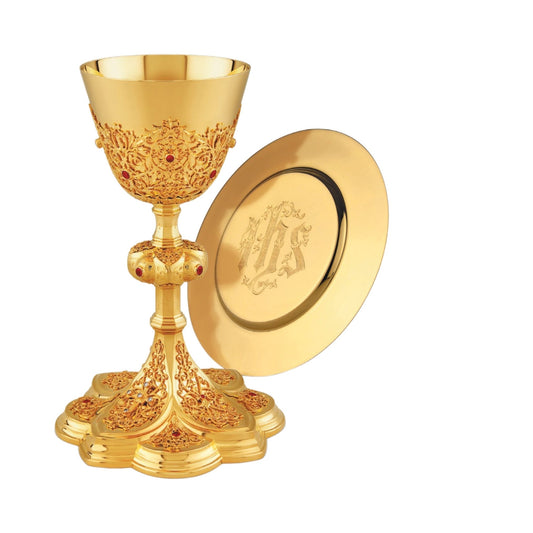 Chalice & Paten in neo-gothic style inspired by French chalices from the late 19th and the early 20th centuries,  8 5/8” Ht. Sold by The Clergy Store