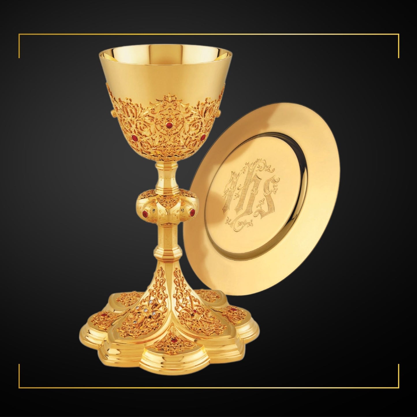 Chalice & Paten in neo-gothic style inspired by French chalices from the late 19th and the early 20th centuries,  8 5/8” Ht. Sold by The Clergy Store