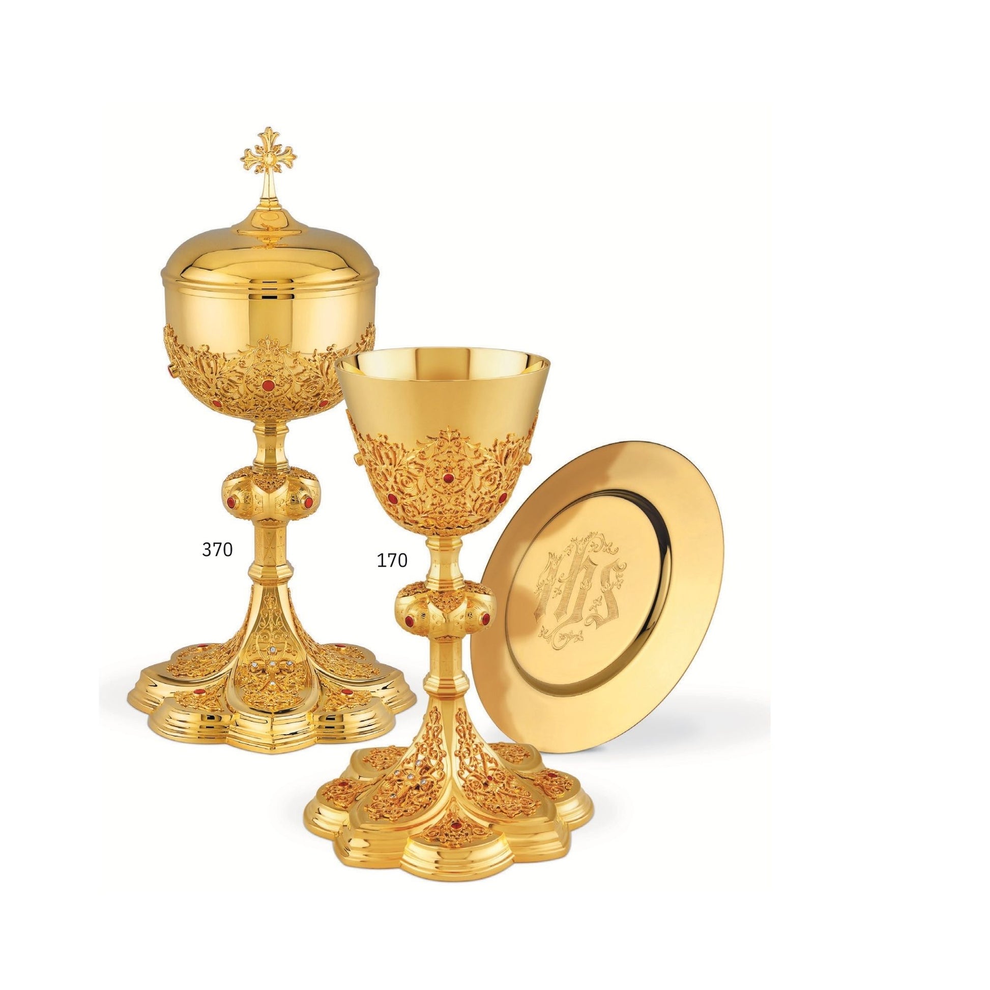 Chalice & Ciborium in neo-gothic style inspired by French chalices from the late 19th and the early 20th centuries. Sold by The Clergy Store