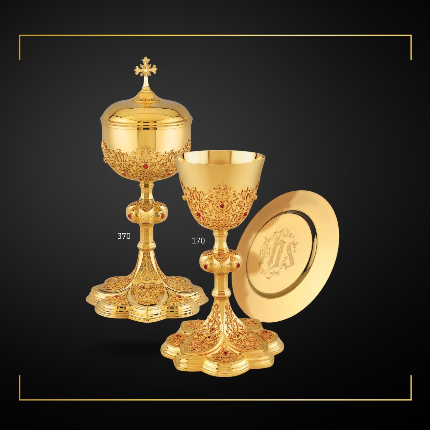 Chalice & Ciborium in neo-gothic style inspired by French chalices from the late 19th and the early 20th centuries. Sold by The Clergy Store