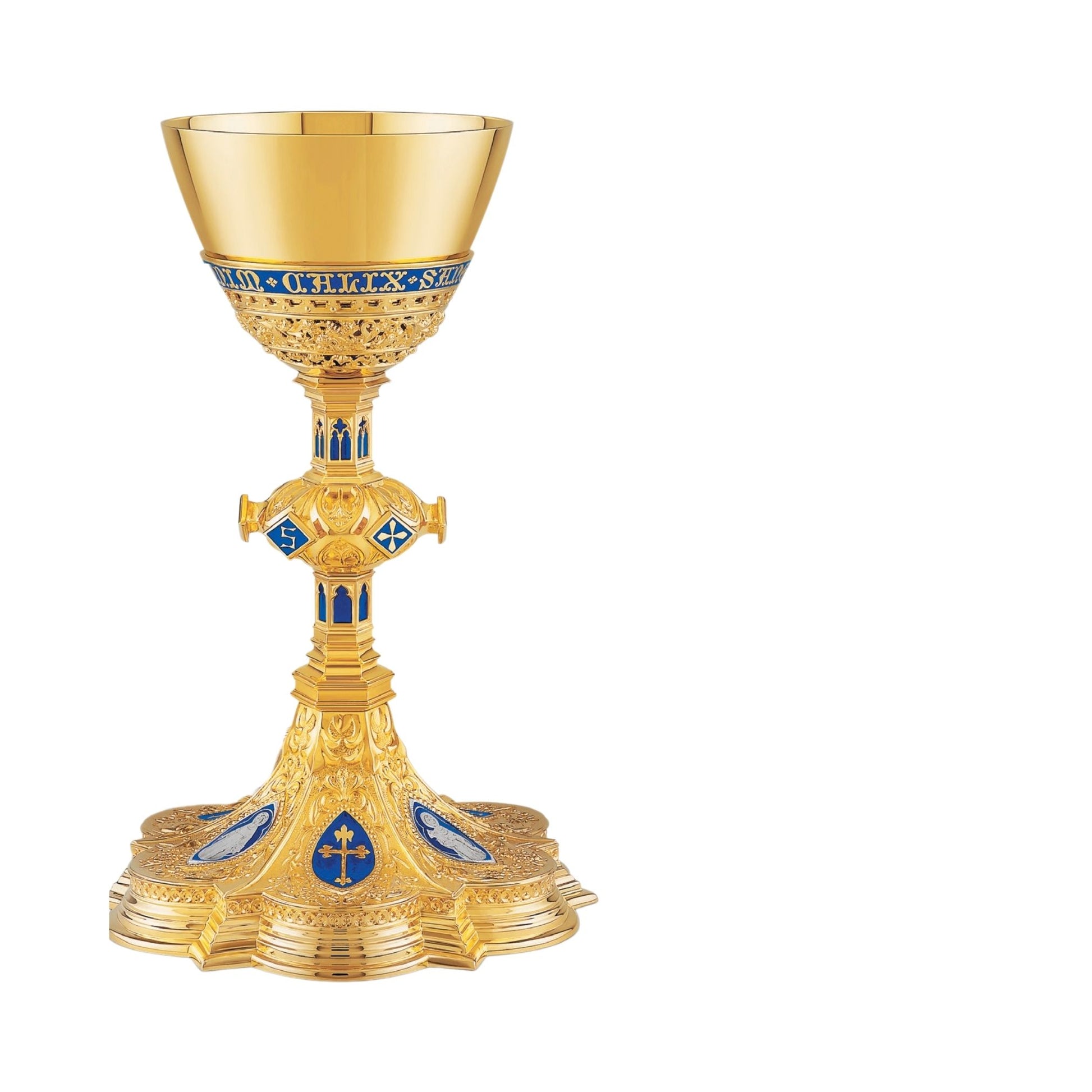 Chalice & Dish Paten in neo-gothic style with enameled medallions of 
the Holy Family and cup inscription: “HIC EST ENIM CALIX SANGUINIS 
MEI” 9 7/8” Ht. Sold by The Clergy Store