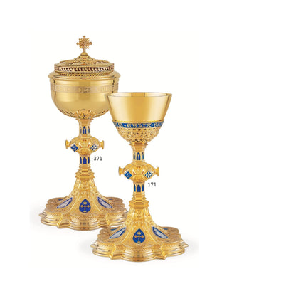 Chalice & Ciborium set in neo-gothic style with enameled medallions of the Holy Family. Sold by The Clergy Store