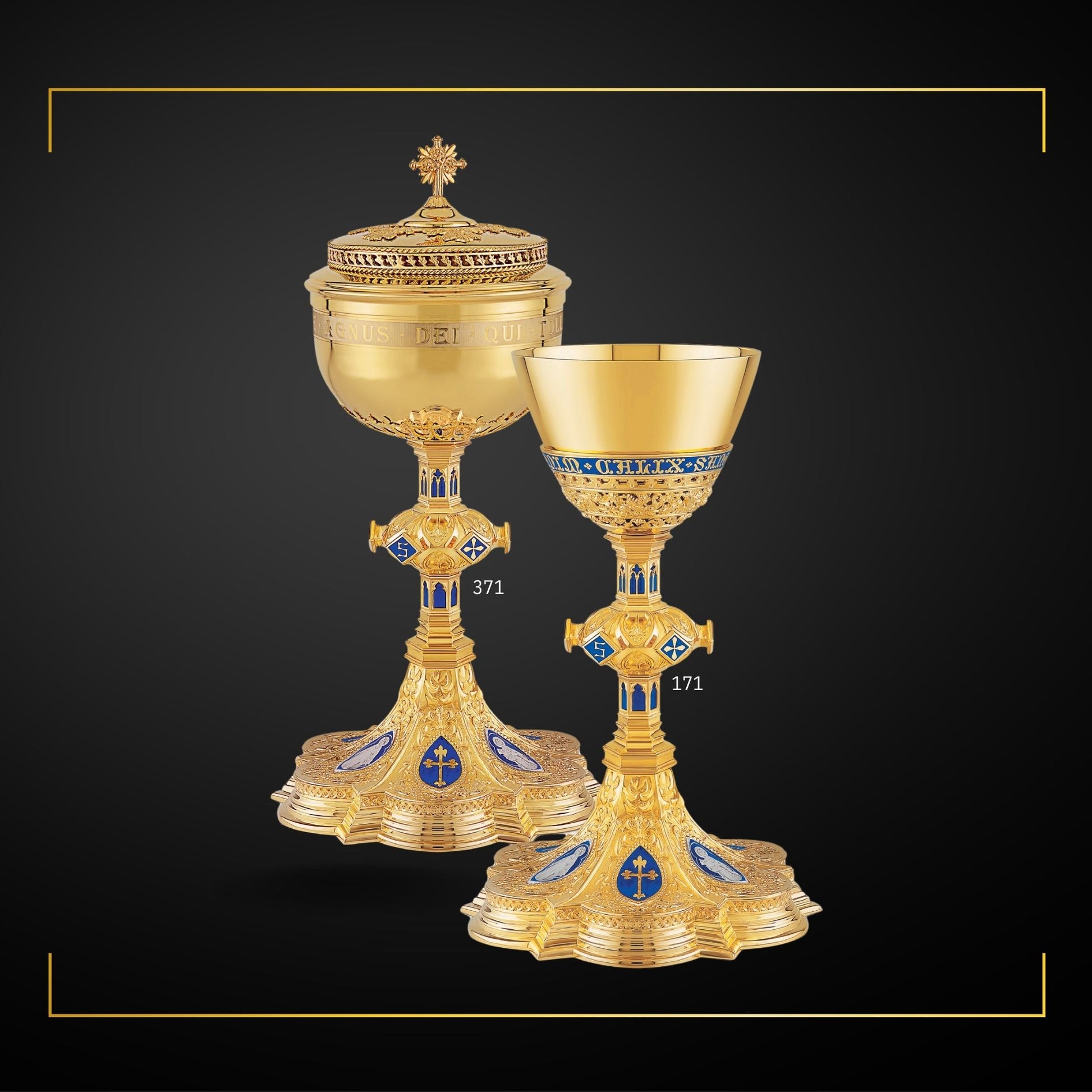 Chalice & Ciborium set in neo-gothic style with enameled medallions of the Holy Family. Sold by The Clergy Store