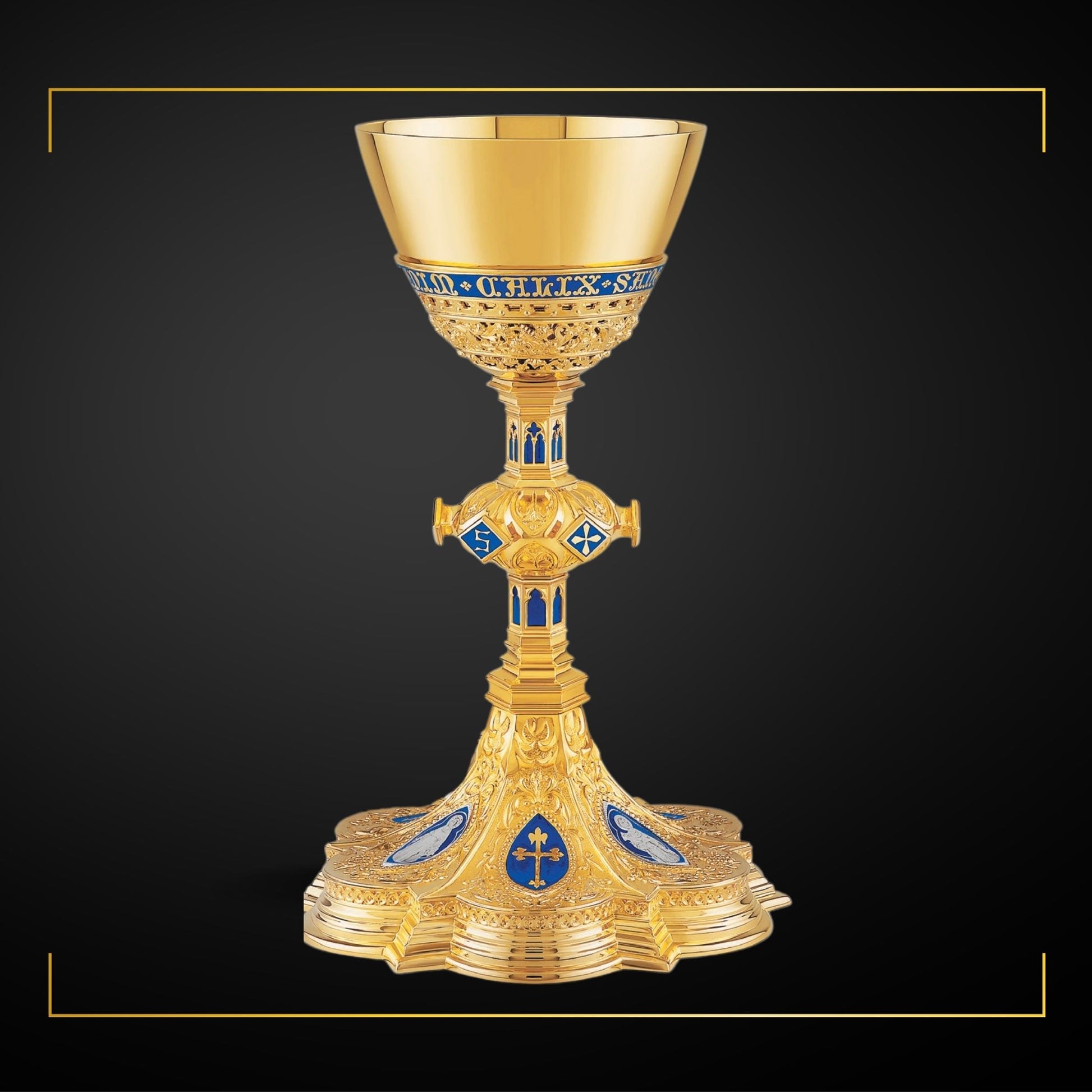 Chalice & Dish Paten in neo-gothic style with enameled medallions of 
the Holy Family and cup inscription: “HIC EST ENIM CALIX SANGUINIS 
MEI” 9 7/8” Ht. Sold by The Clergy Store