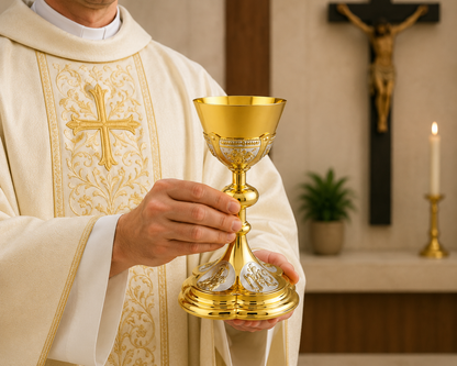 Priest in white robe holding a gold chalice in a religious setting with crucifix and candle.