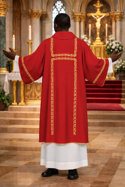 Deacon in red liturgical dalmatic standing in a cathedral.