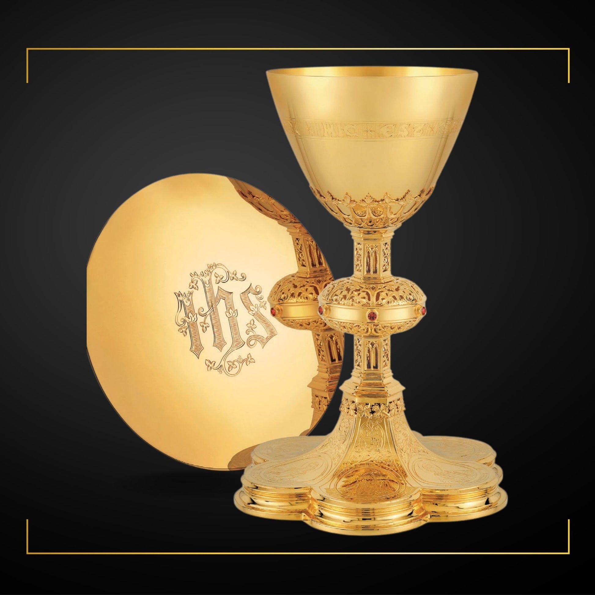 Chalice & Paten in neo-gothic style with engraved images of the Crucifixion, the Mother of God and saints: Peter, Paul, John and Joseph, and cup inscription: “HIC EST ENIM CALIX SANGUINIS MEI” Sold by The Clergy Store