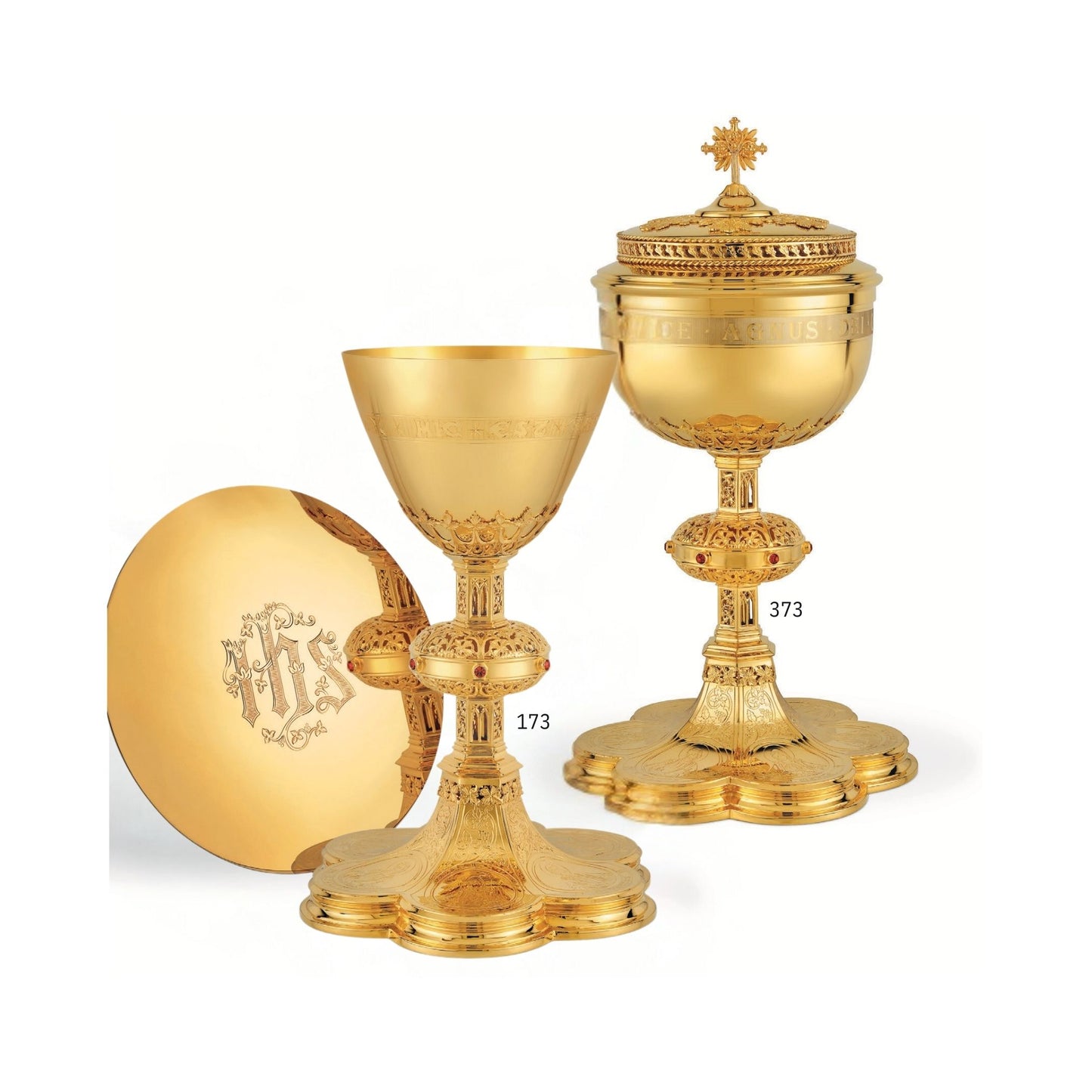 Chalice & Ciborium set in neo-gothic style with engraved images of the Crucifixion, the Mother of God and saints: Peter, Paul, John and Joseph, Sold by The Clergy Store