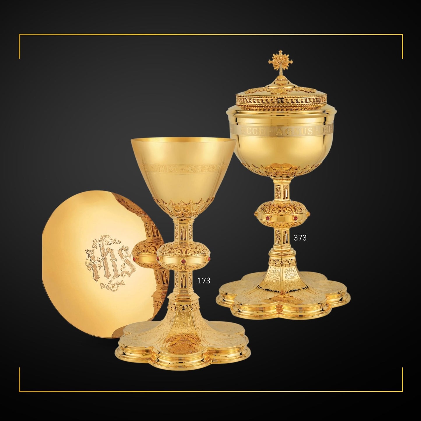 Chalice & Ciborium set in neo-gothic style with engraved images of the Crucifixion, the Mother of God and saints: Peter, Paul, John and Joseph, Sold by The Clergy Store