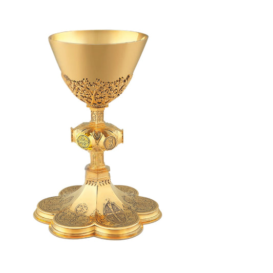 Chalice & Scale Paten in neo-gothic style with engraved cross symbol 
and elaborate floral design. Made in Poland and sold by The Clergy Store