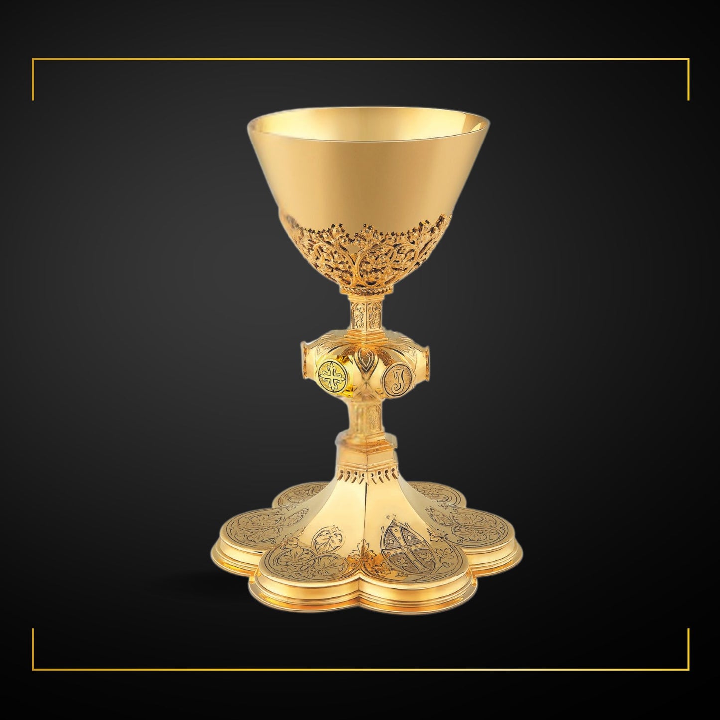 Chalice & Scale Paten in neo-gothic style with engraved cross symbol 
and elaborate floral design. Made in Poland and sold by The Clergy Store