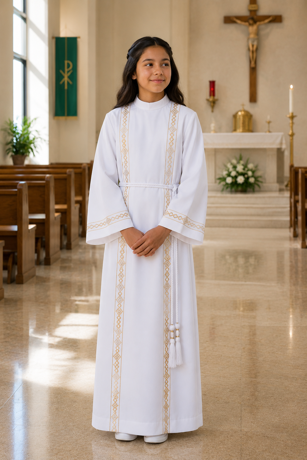 Altar server alb white with gold banding and zipper closure