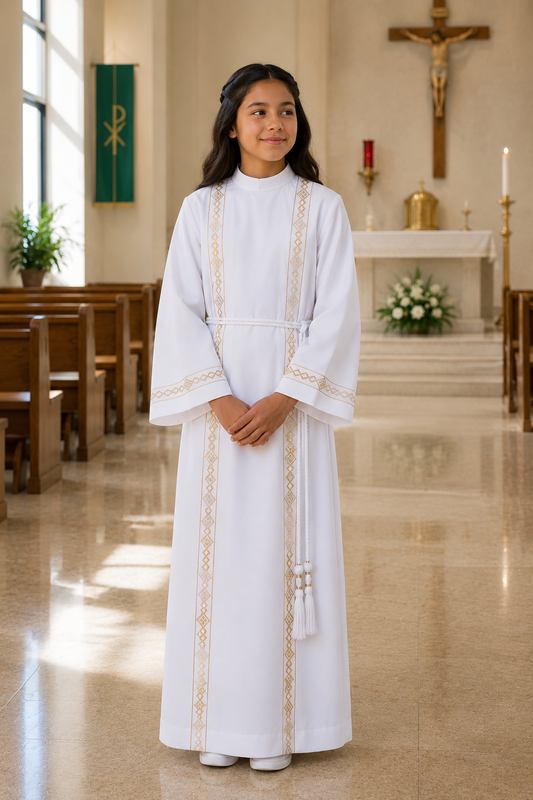 Altar server alb white with gold banding and zipper closure