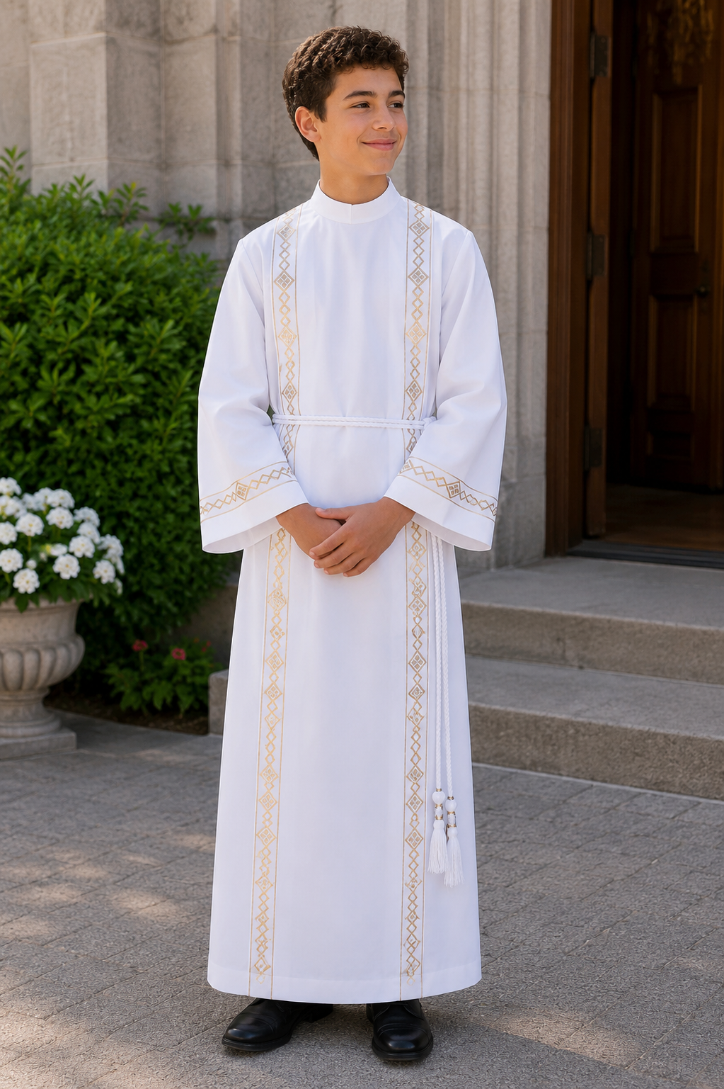Altar server alb white with gold banding and zipper closure