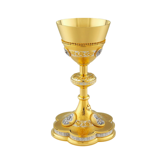 Chalice and Scale Paten in the Neo-Gothic Style with medallions of the 
Holy Family and angels, and a node inscription: “HIC EST FILIUS MEUS DI
LECTUS”