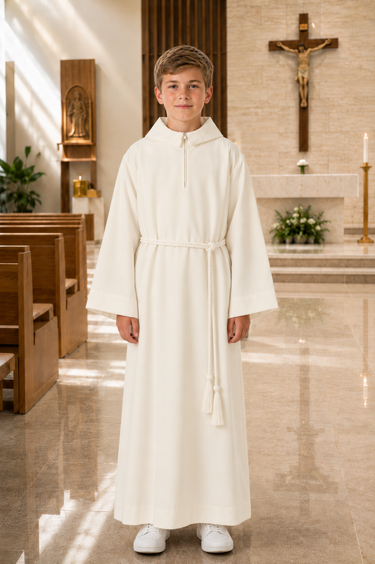 Altar Server Alb With Font Zipper and Back Hood-Off-White