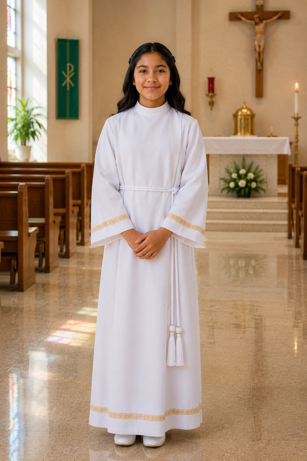 Altar server white alb with gold trim around sleeves and bottom and back zipper closure