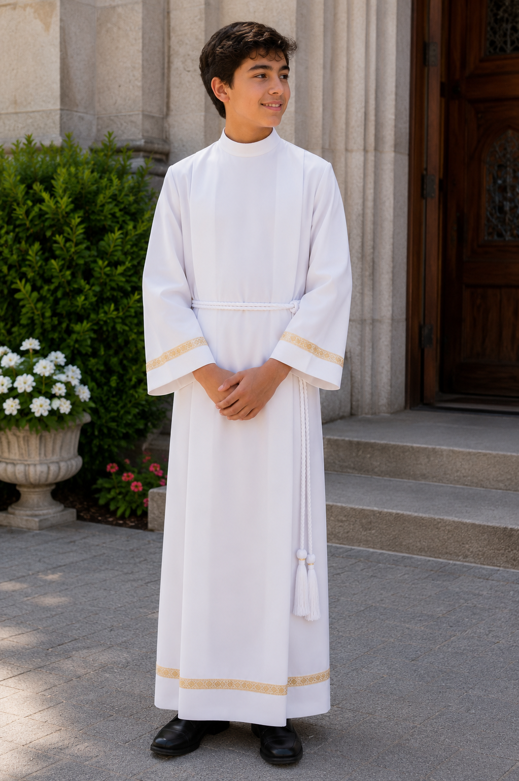 Altar server white alb with gold trim around sleeves and bottom and back zipper closure