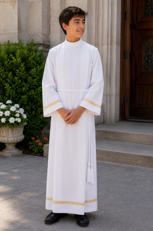 Altar server white alb with gold trim around sleeves and bottom and back zipper closure