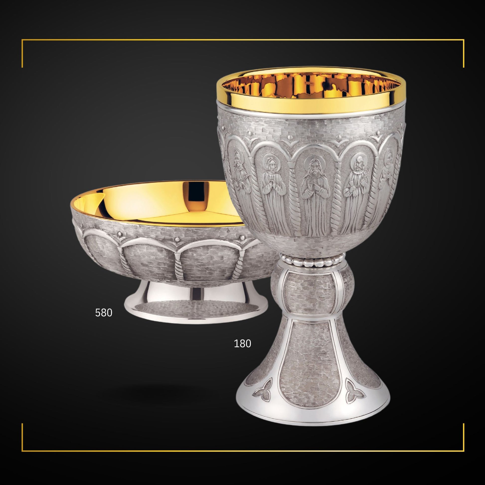 Chalice in modern style with images of the Twelve Apostles, 7 7/8” Ht. sold by The Clergy Store