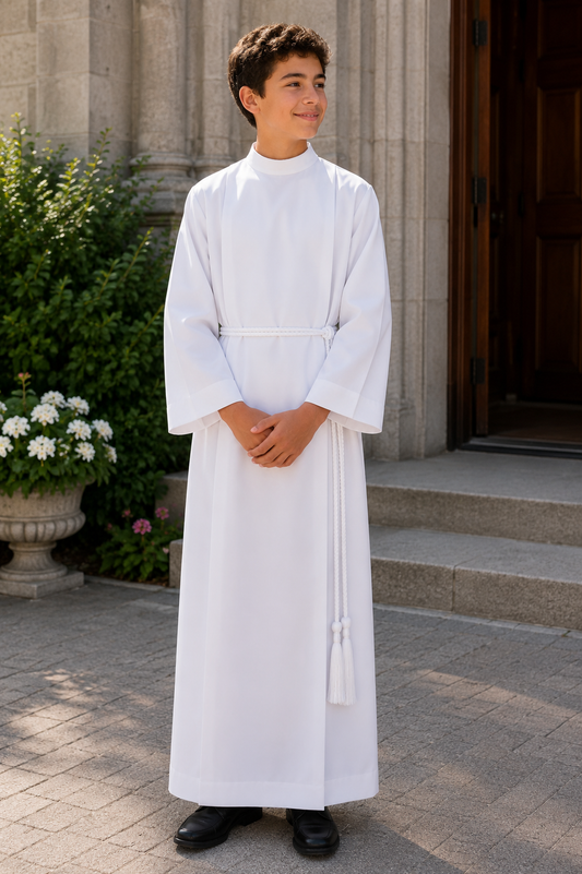 Altar server white alb with cinture and zipper closure