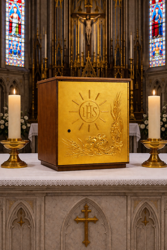 Single door tabernacle with chiseled image of a chalice, grapes, and ears of wheat sourrounded by a wood casing. Made in Italy and sold by The Clergy Store