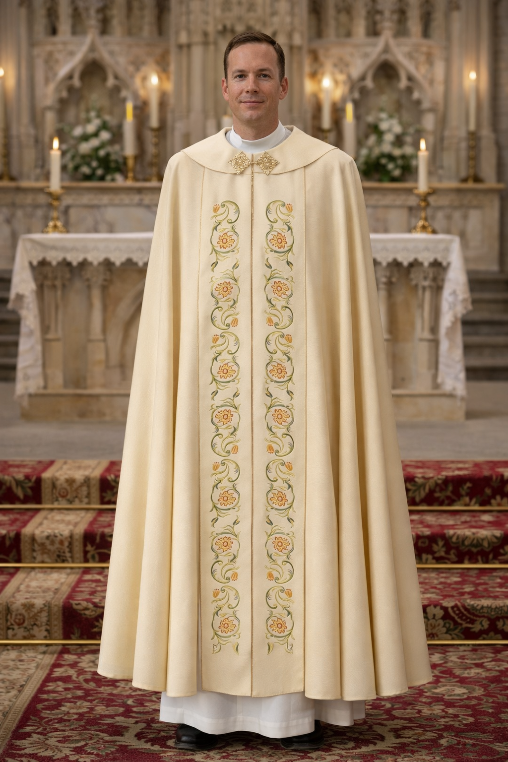 Priest in a decorated liturgical vestment standing in front of an altar.