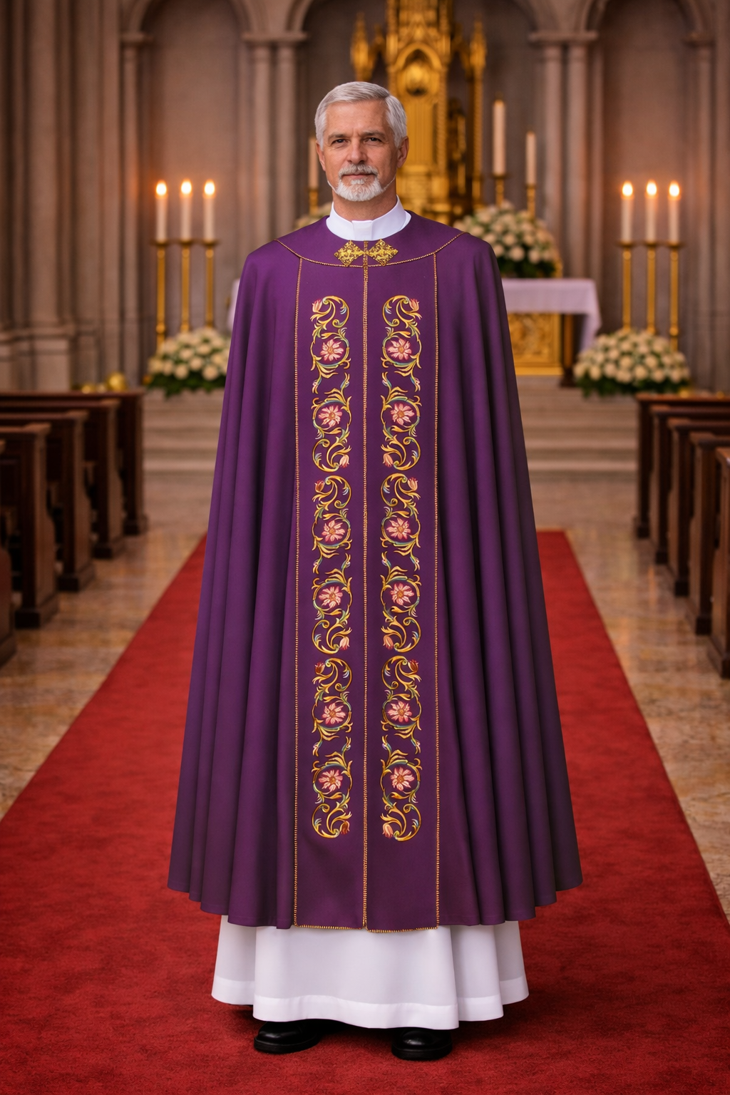 Priest in a purple cope with floral patterns standing in a church.