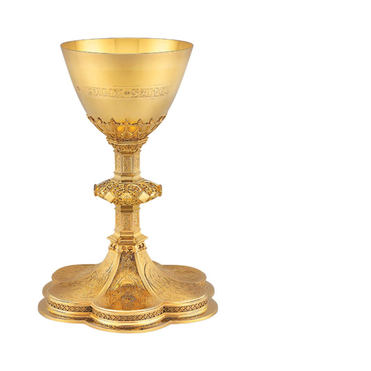 Chalice & Paten in neo-gothic style with engraved images saints and 
cup inscription:: “HIC EST ENIM CALIX SANGUINIS MEI” , 8 5/8” Ht. sold by The Clergy Store