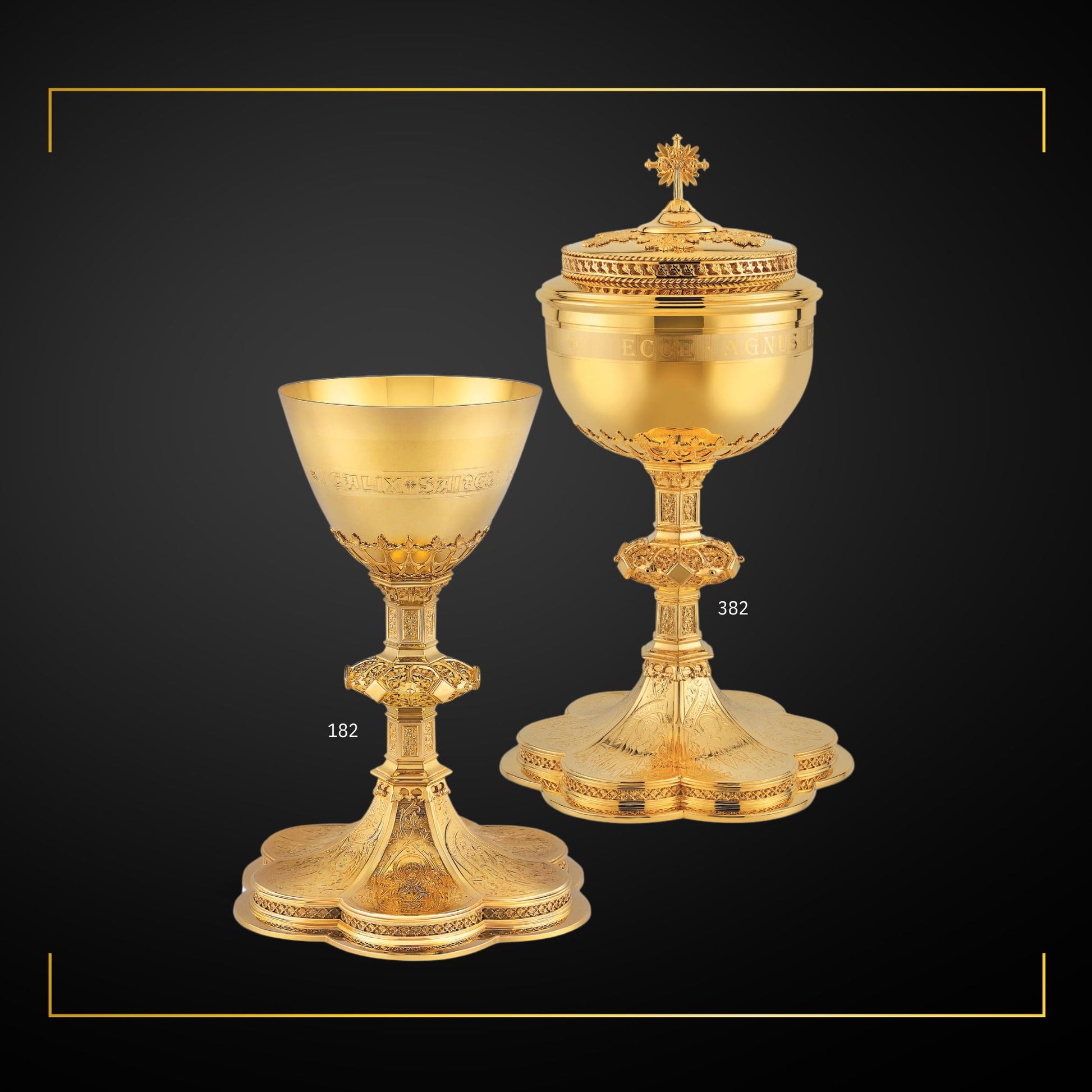 Chalice & Ciborium set in neo-gothic style with engraved images saints and cup inscription: Sold by The Clergy Store