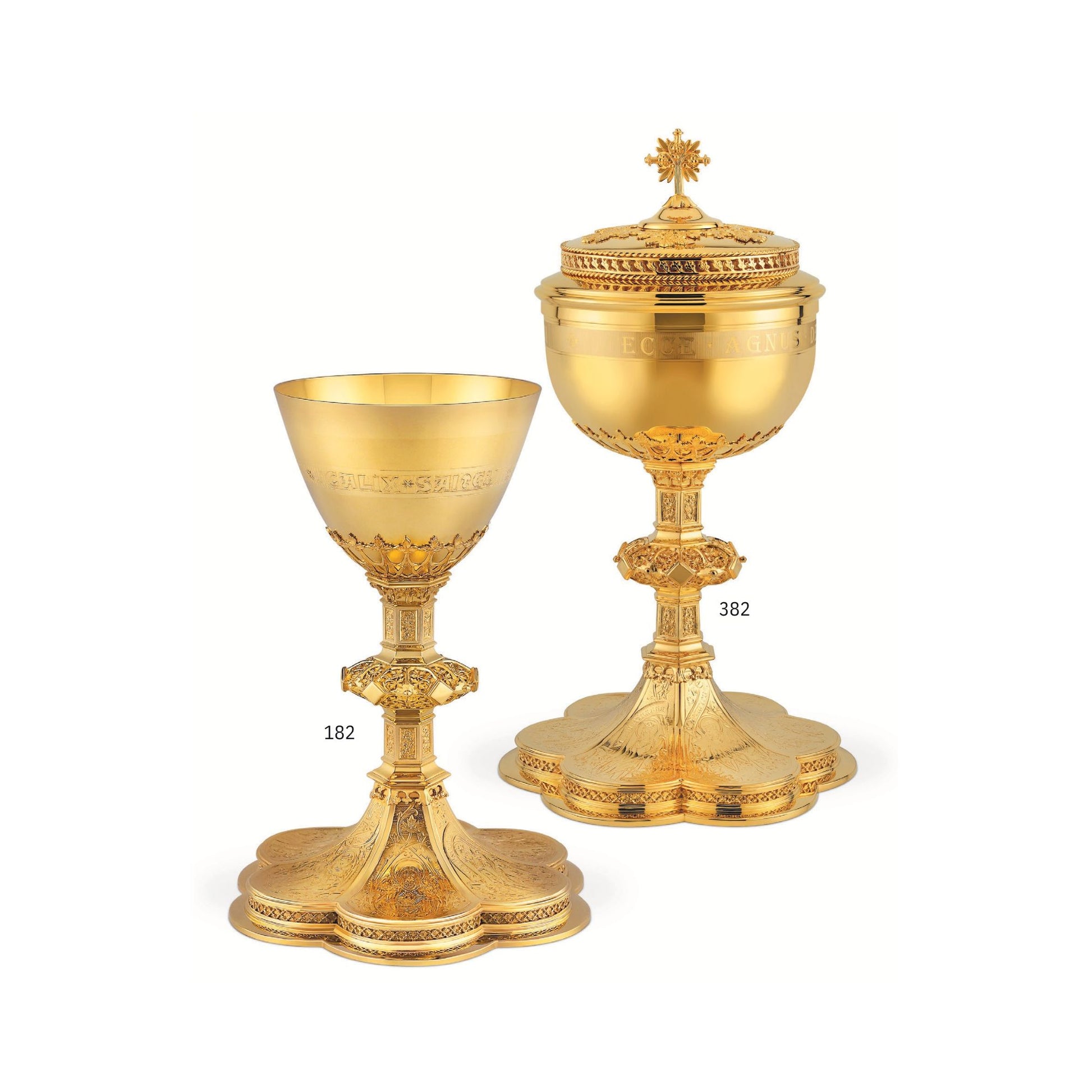 Chalice & Ciborium set in neo-gothic style with engraved images saints and cup inscription: Sold by The Clergy Store