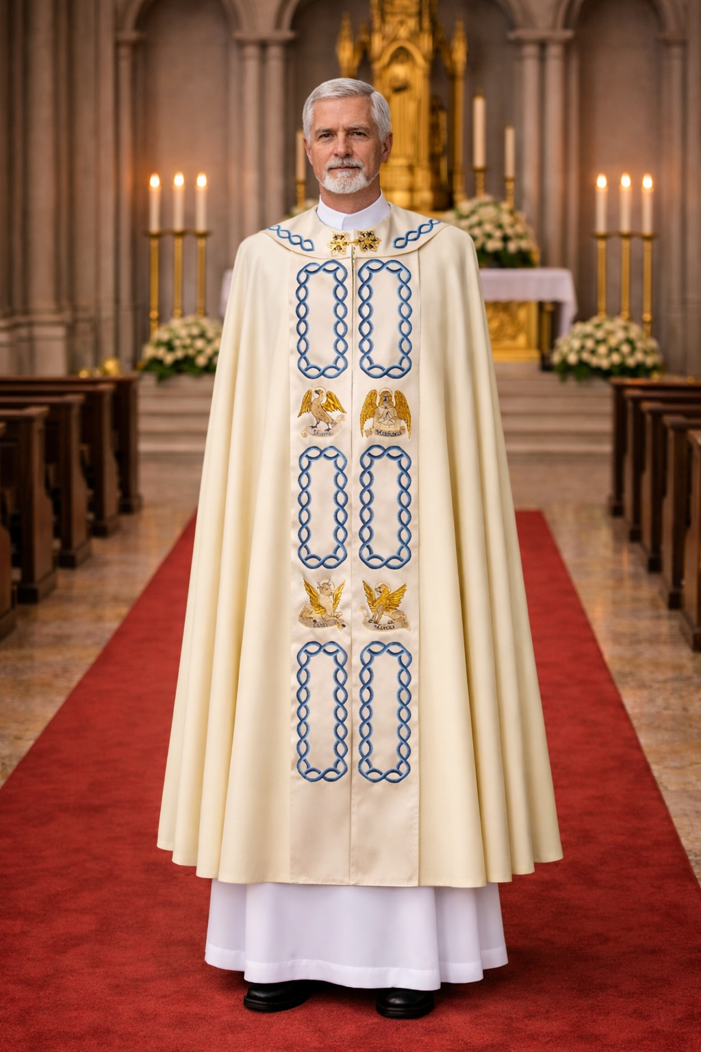 Priest in liturgical vestments with the four evangelist standing in a church aisle with altar and candles in the background.