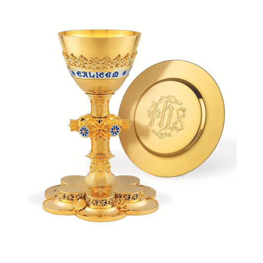 Chalice and Paten with enameled cup inscription "CALICEM SALUTAIS ACCIPIAM" style 185