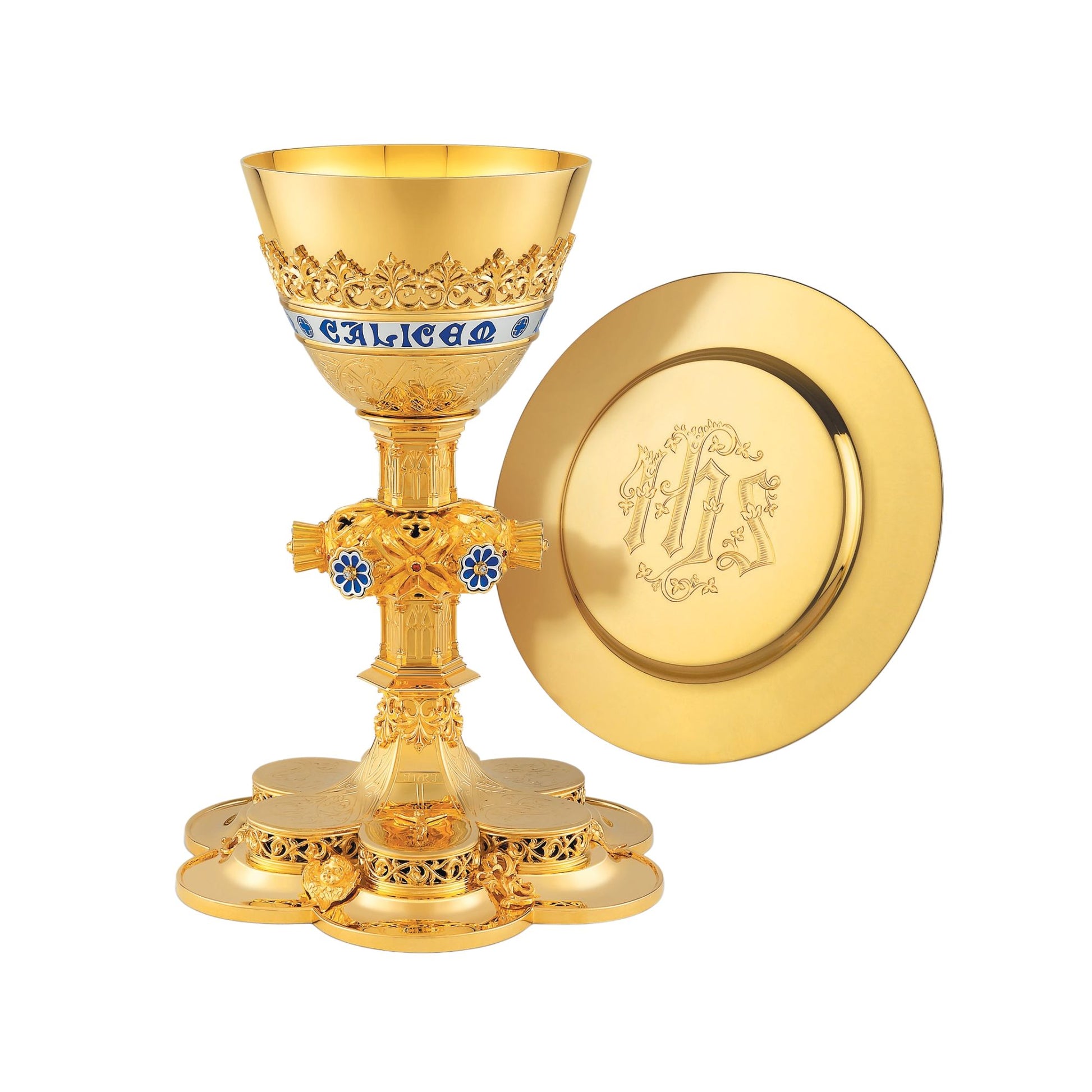 Chalice  & Scale Paten in neo-gothic style with enameled cup in
scription: “CALICEM SALUTARIS ACCIPIAM” , 8 5/8” Ht.