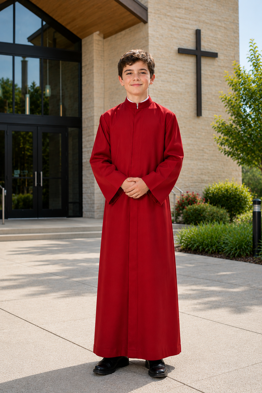 Altar server red cassock with front zipper closure 