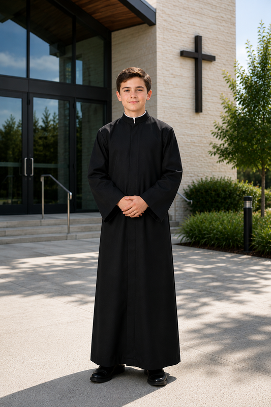 Altar server black cassock with front zipper closure 
