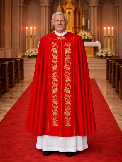Priest in red liturgical vestment standing in a church with altar and candles in the background