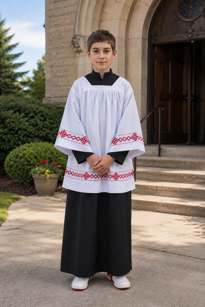 Altar server surplice with black trim and a black cassock alb.