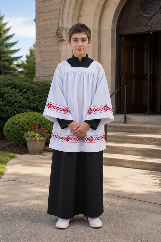 Altar server surplice with black trim and a black cassock alb.